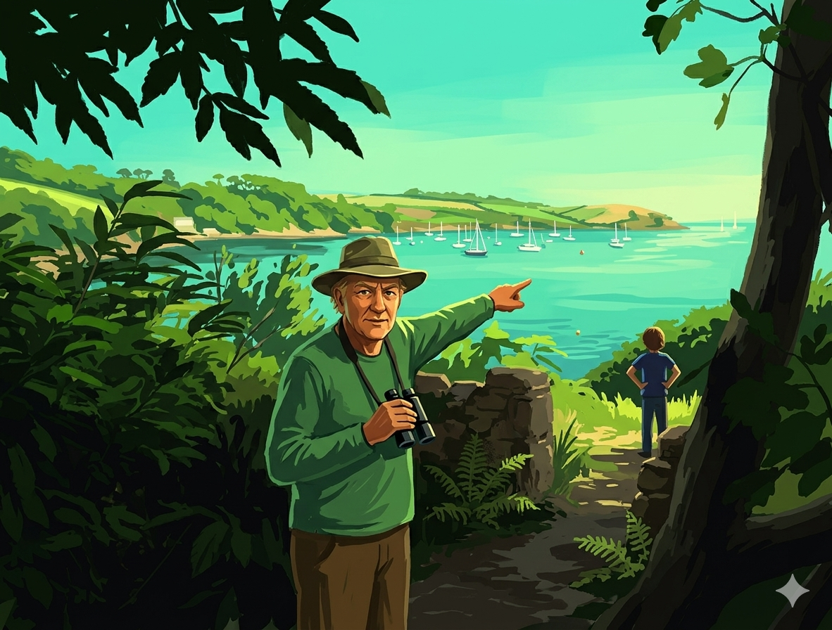An AI image of view accross a sea bay towards cliffs and fields in the far distance. A Ranger is at the forest edge pointing out across the bay towards the faraway fields.