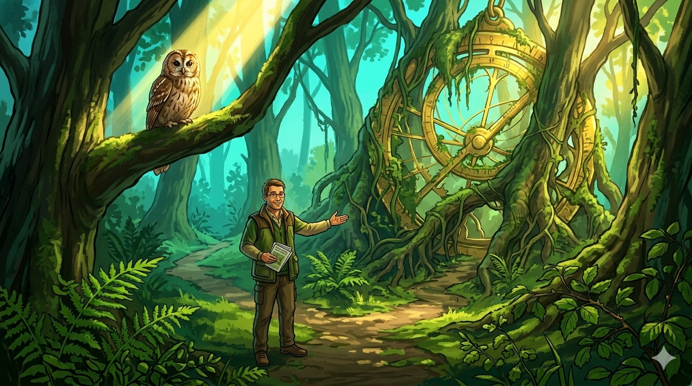 a picture of a woodland glade with a wise old owl and an astrolabe symbolise wisdom and knowledge