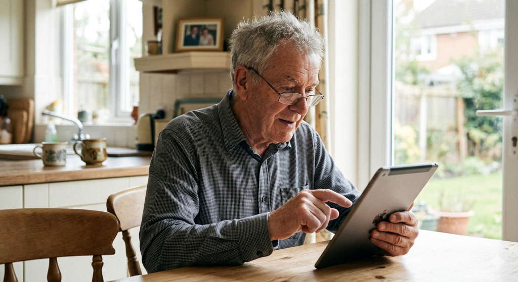 A man sits at a kitchen table, senior individual uncomfortably engaging with a modern tablet