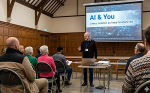 Gemini generated picture of the launch presentation of AI for You. A man talking to a group in a panelled hall
