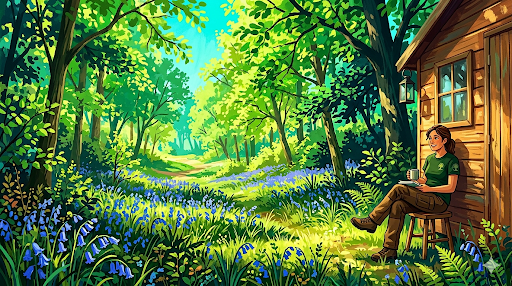 An AI image of a forest glade with bluebells. A Ranger with a cup of tea, sits outside their office.