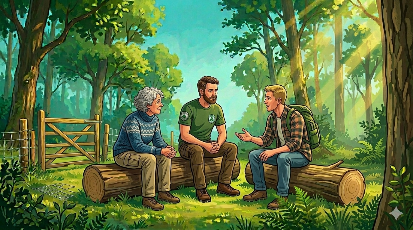 A ranger and two visitors sitting on fallen logs in the forest, talking together together